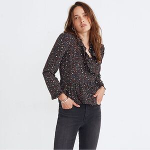 Madewell Silk Ruffle Hem Wrap Top/Blouse. Starry Night Pattern. Size XS.
